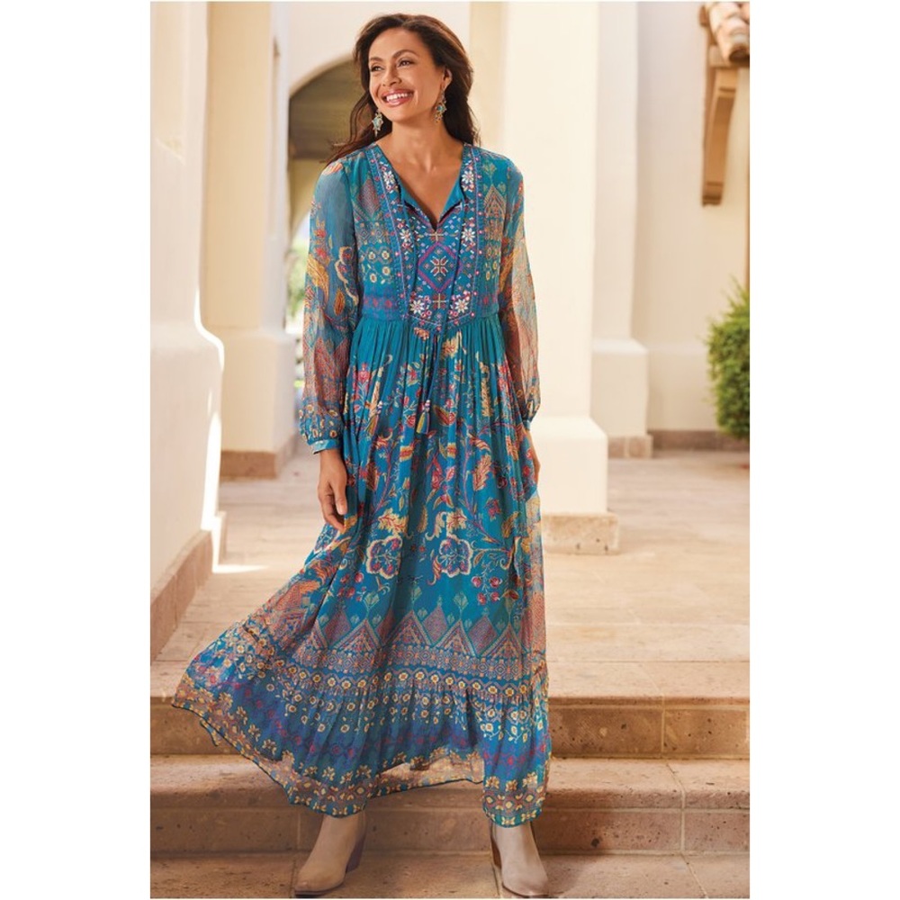 Soft Surroundings Mirapani Chiffon Boho Embroidered Maxi Dress